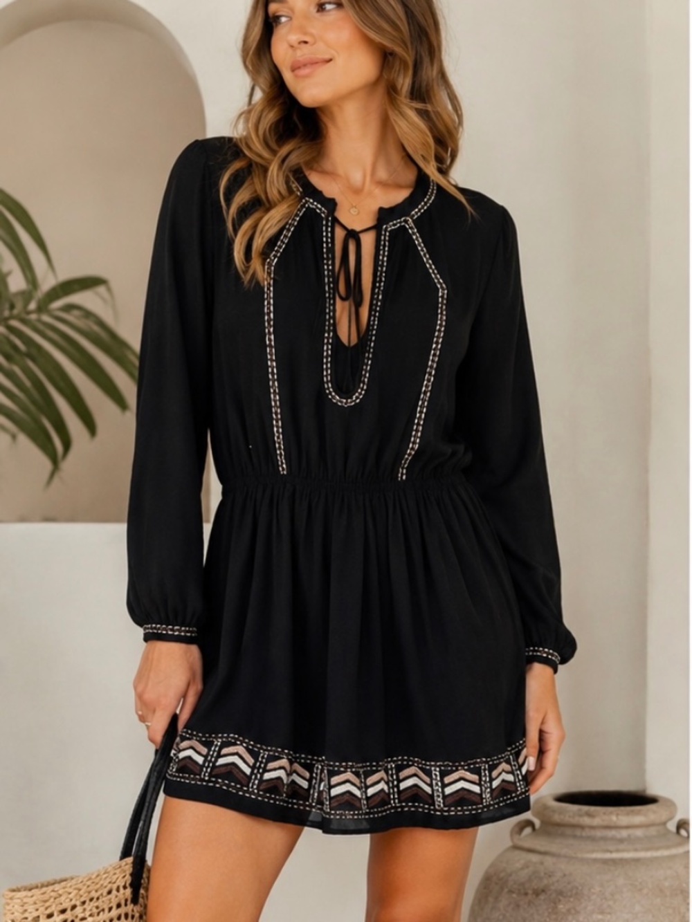cleobella embroidered tie neck cover up mini dress